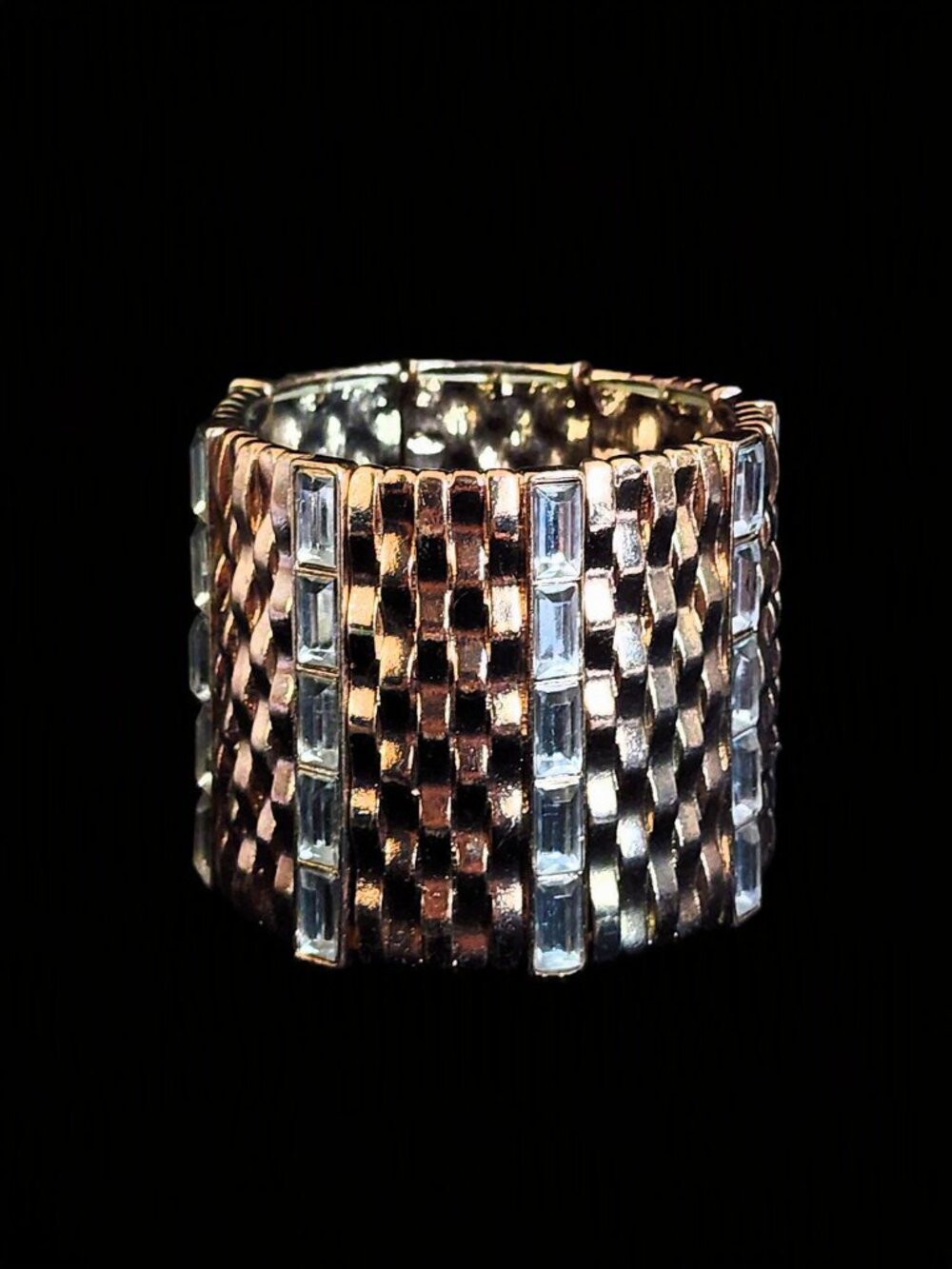 VINTAGE 90s Heavy Gold Plated Wide Chunky Runway Cuff Bracelet Clear Rhinestone